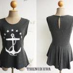 The Anchor Nautical Asymmetric Hem Women T-Shirt (Dark Gray)