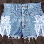 Hippie Lace Shorts with Stud Upcycled Destroyed Denim Shorts Lace Shorts Jeans Denim Shorts
