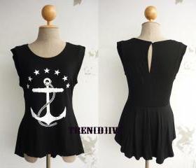 The Anchor Asymmetric Hem Women T-Shirt (Black)