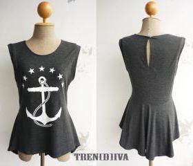 The Anchor Nautical Asymmetric Hem Women T-Shirt (Dark Gray)