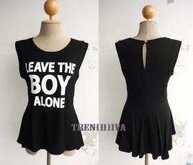 Leave the Boy Alone Asymmetric Hem Women T-Shirt (Black)