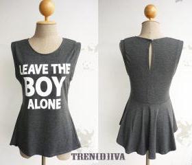 Leave the Boy Alone Asymmetric Hem Women T-Shirt (Dark Gray)