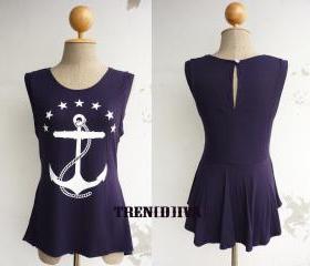 The Anchor Nautical Asymmetric Hem Women T-Shirt (Navy)
