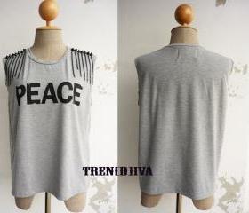 D.I.Y Peace Stud Chain T-Shirt (Light Gray) Free Size