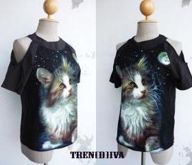 The Cat Open Shoulder Cool Blouse Size XS-S