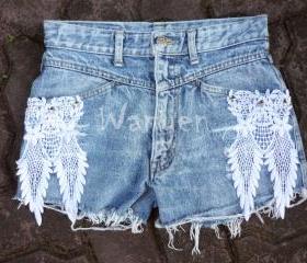 Hippie Lace Shorts with Stud Upcycled Destroyed Denim Shorts Lace Shorts Jeans Denim Shorts