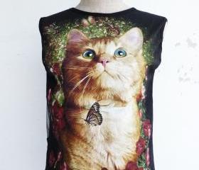 The Cat Sleeveless Back See Through Cool T-Shirt -XS-S-