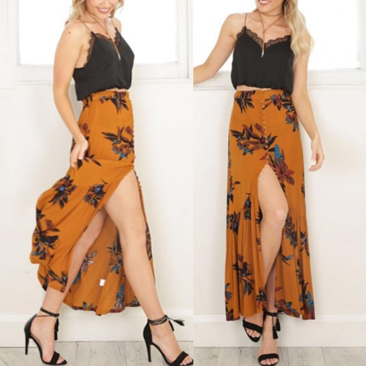 vintage floral print mustard maxi skirt with button vintage floral print mustard maxi skirt with button